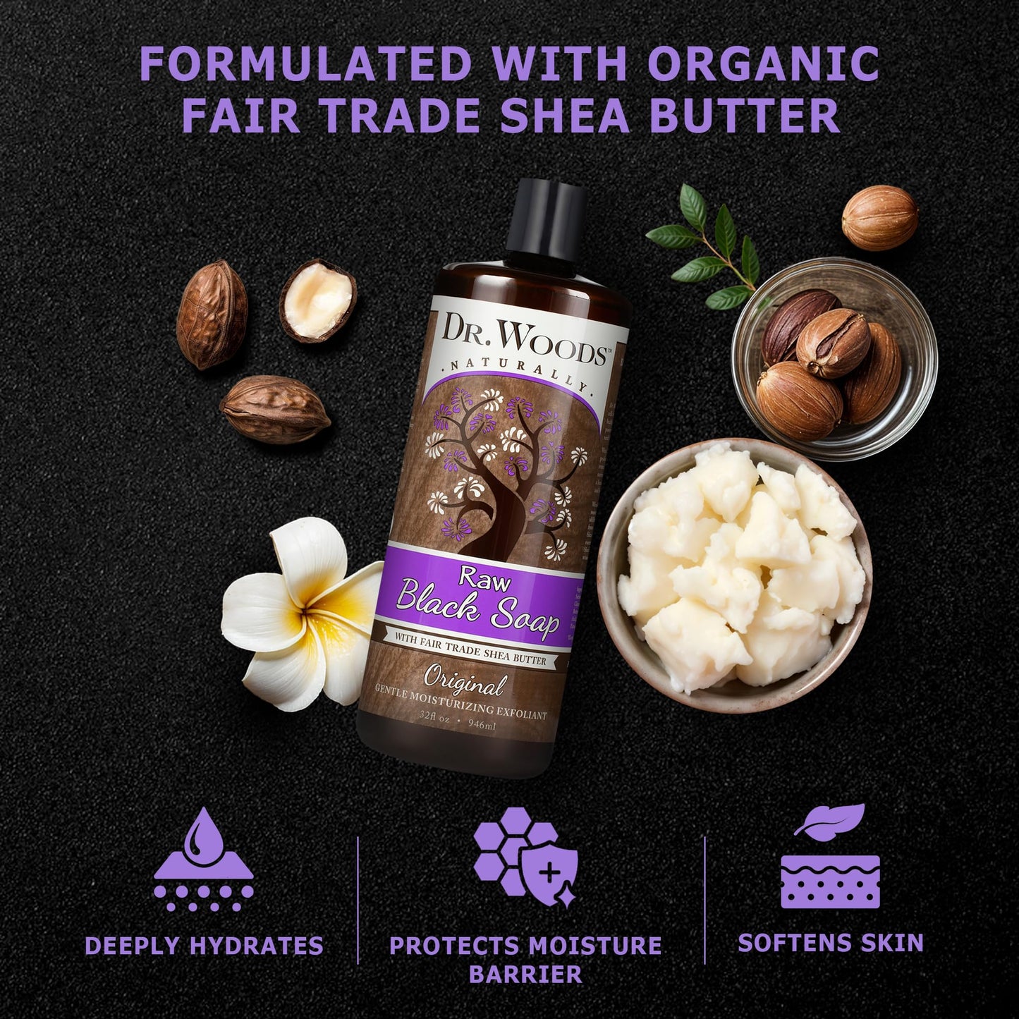 Dr. Woods Raw African Liquid Black Soap - Body Wash for Men and Women, Contains Organic Shea Butter, Gentle Exfoliant, Natural Cleanser for Face