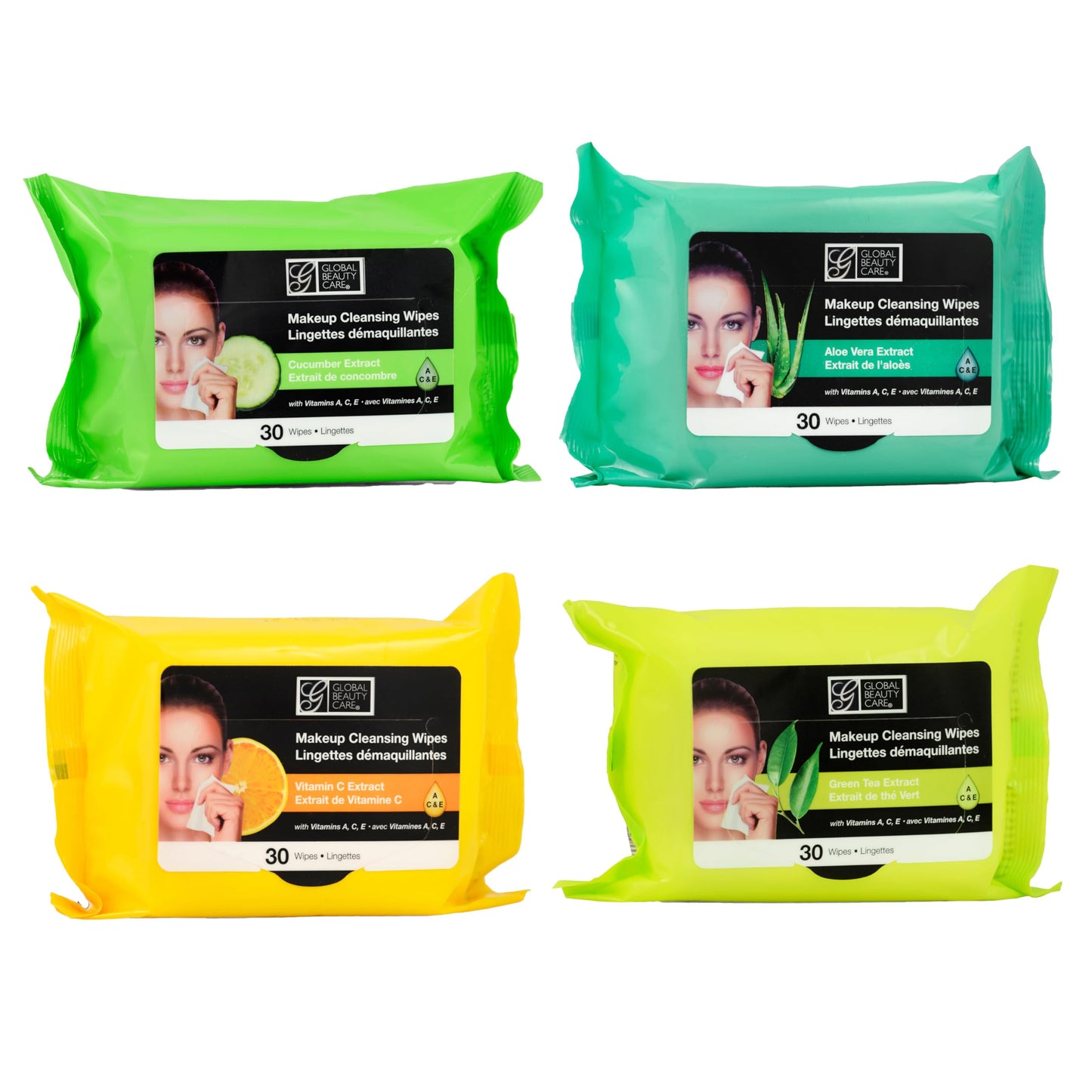 Global Beauty Care Assorted Makeup Remover Wipes Variety Pack - Green Tea, Aloe Vera, Vitamin C & Cucumber Extract Facial Cloths, Removes Waterproof