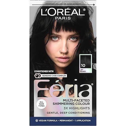 L’Oreal Paris Feria Multi-Faceted Shimmering Permanent Hair Color, High Intensity Hair Dye for 3X Highlights, 10 Jet Black (Blackest Black), 1 Hair
