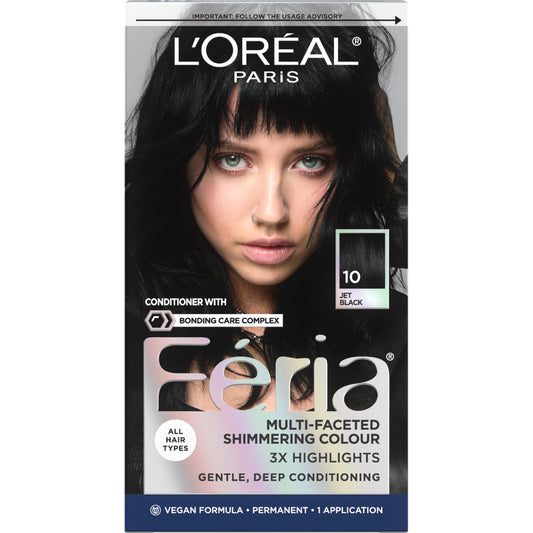 L’Oreal Paris Feria Multi-Faceted Shimmering Permanent Hair Color, High Intensity Hair Dye for 3X Highlights, 10 Jet Black (Blackest Black), 1 Hair