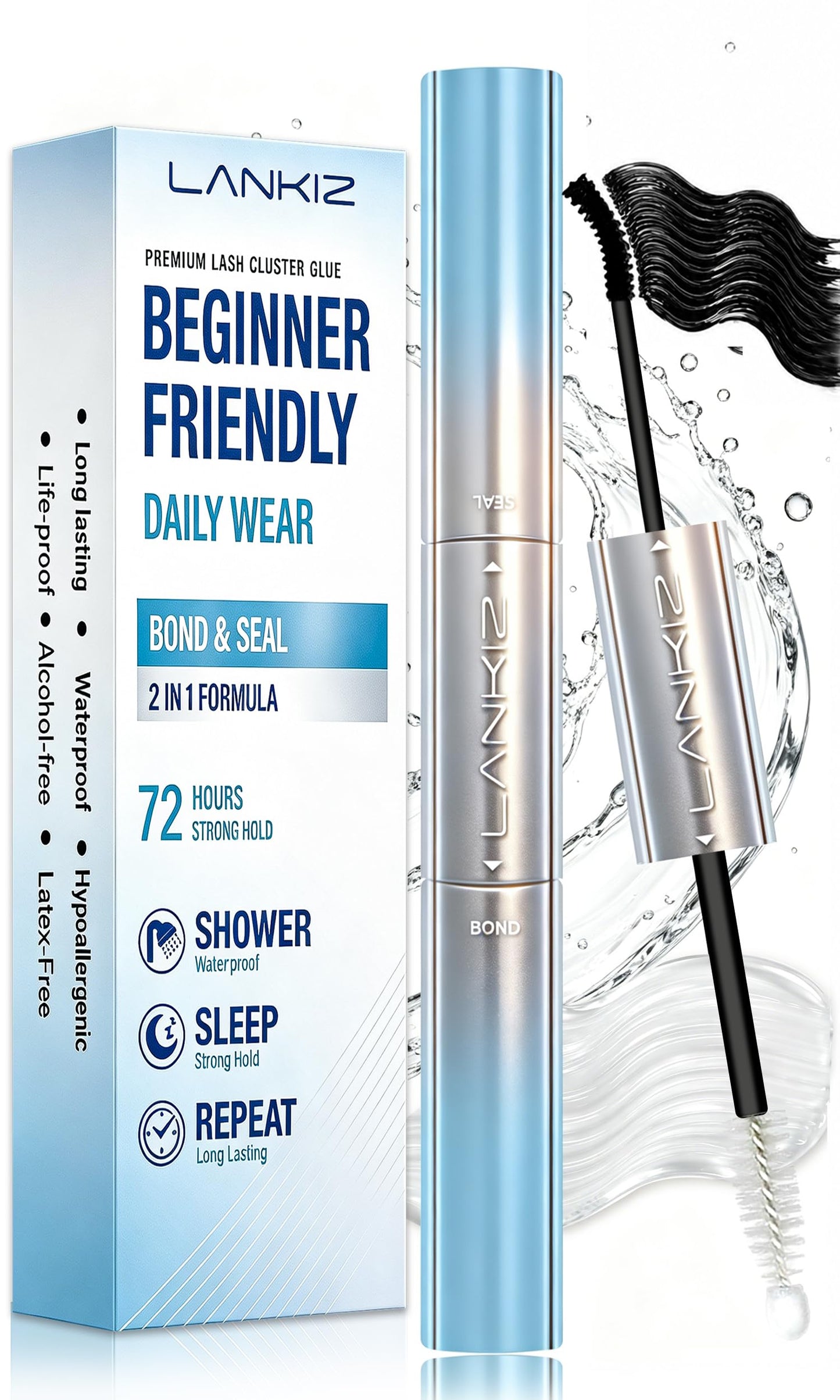 Waterproof Lash Cluster Glue for Sensitive Eyes, Hypoallergenic Lash Bond and Seal for Shower Sleep Workout & Washing, 72H Long Lasting Eyelash Beauty and Personal Care LANKIZ Default Title