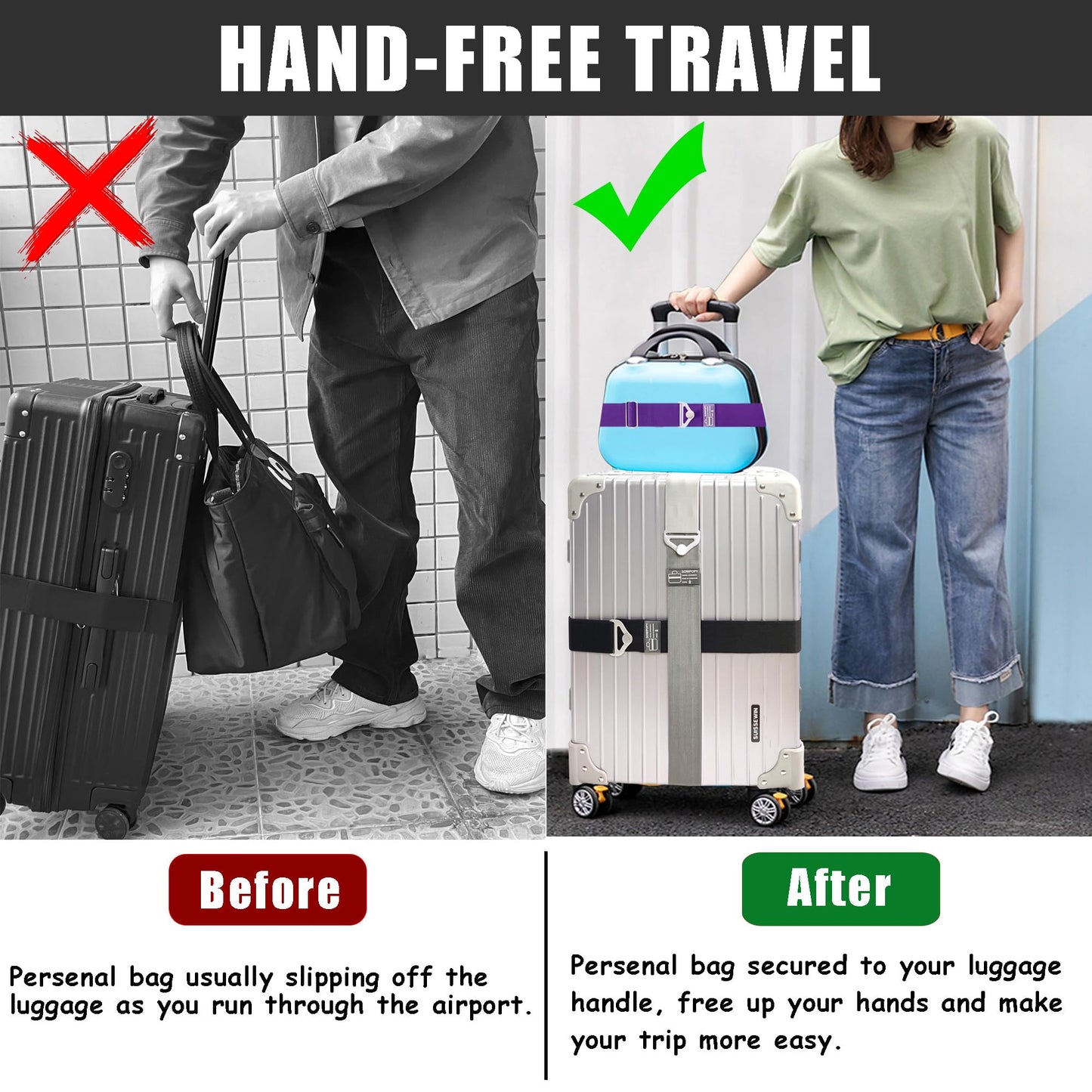 SOWPOPY Travel Belt for Luggage – Adjustable Add-a-Bag Strap, 2-in-1 Elastic Suitcase Belt Over Handle for Carry-On & Travel Accessories (Black)