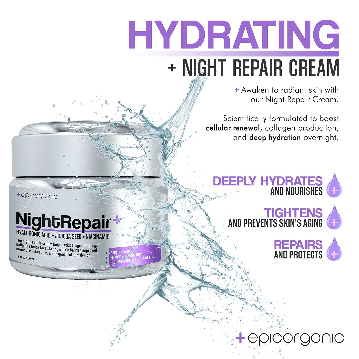 Epic Organic Night Repair | Anti Wrinkle Night Cream for Women | Anti Aging Night Cream with Hyaluronic Acid and Collagen | Night Moisturizer for Face