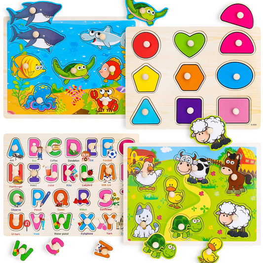 Wooden Peg Puzzles for Toddlers – 4 Pack Montessori Toys with Animals, Shapes & Alphabet, Learning Puzzles for Kids Ages 1-4 Boys & Girls