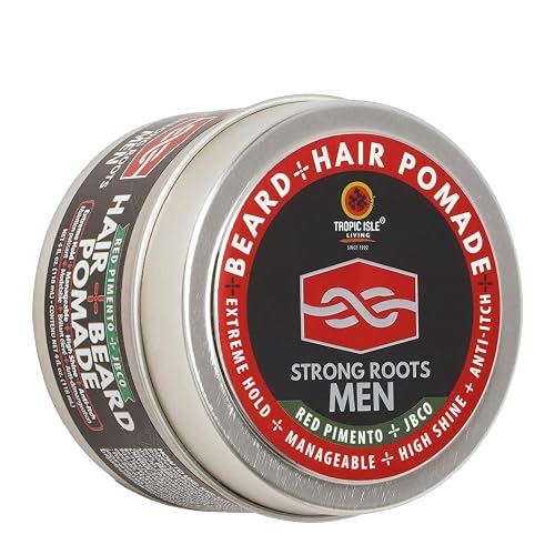 Tropic Isle Living Strong Roots Men Beard + Hair Pomade - Extreme Hold & High Shine for Styling and Grooming, Flake Free, Itch Relief, Natural