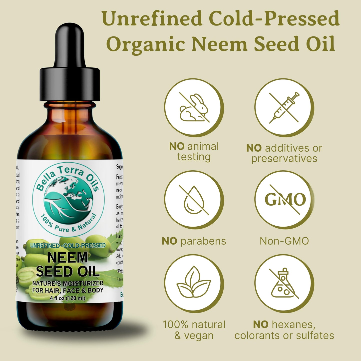 Bella Terra Oils - Organic Neem Seed Oil 8 oz - Harnessing the Power of Organic Neem Seeds, Rich in Stearic Acid, A Luxurious Elixir for Natural Skin