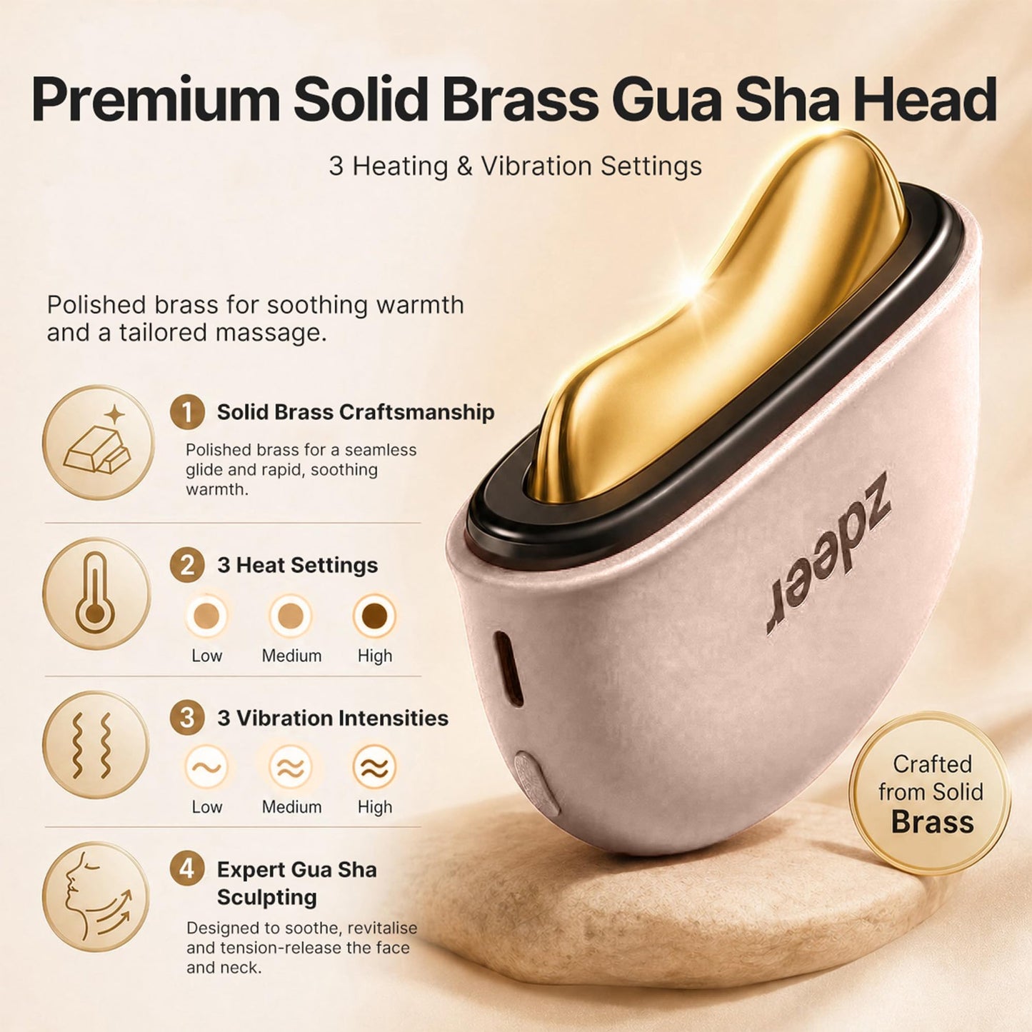 ZDEER GS5 Brass Electric Heated Gua Sha Facial Sculpting Tool with Vibration, Women's Facial Massager, LED Red Light Therapy for Neck & Face, Skin Beauty and Personal Care ZDEER