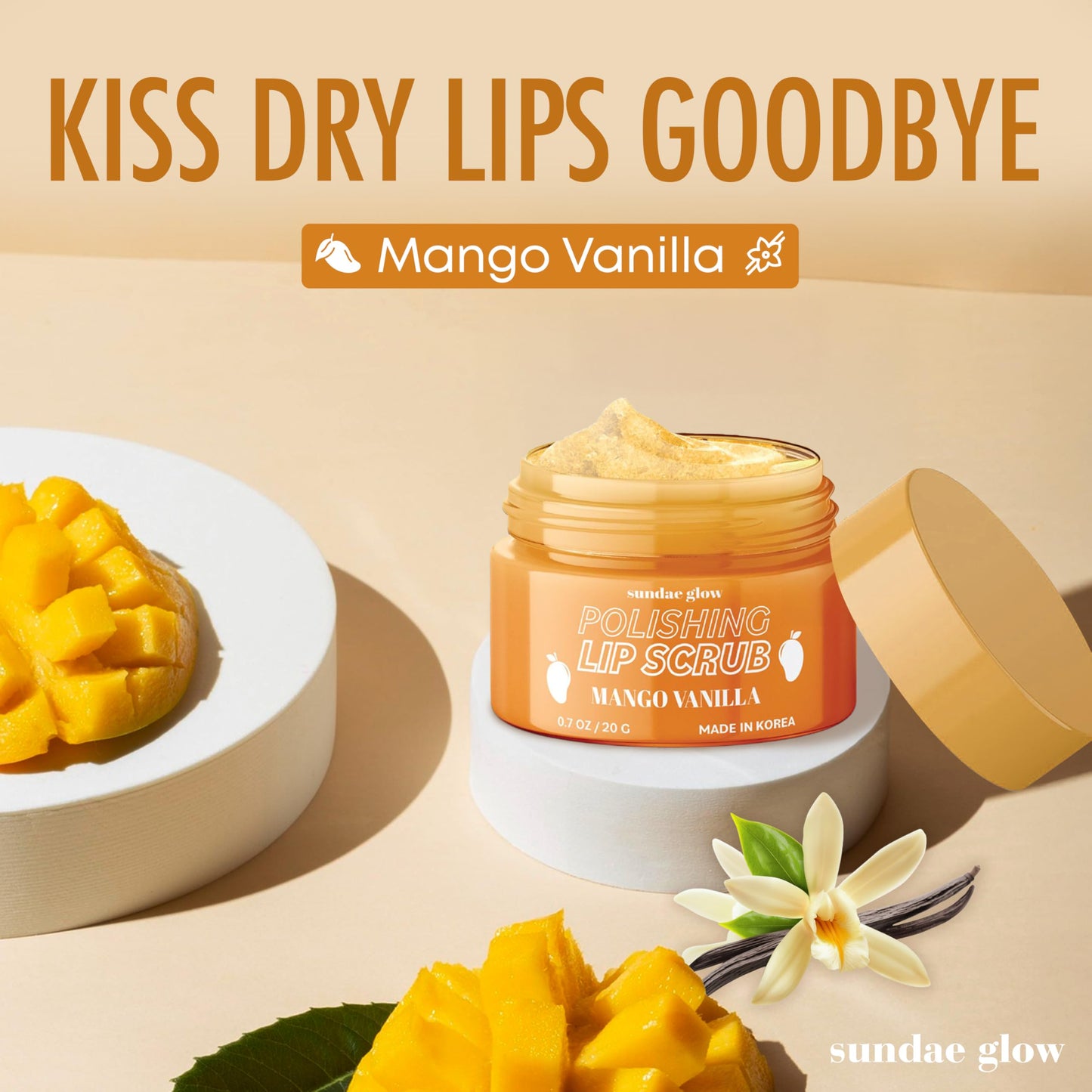 Sundae Glow Lip Scrub with Mango Vanilla - Exfoliates, Hydrates & Repairs - Smooths, Softens & Revitalizes Dry Lips - Dermatologist Tested, Korean