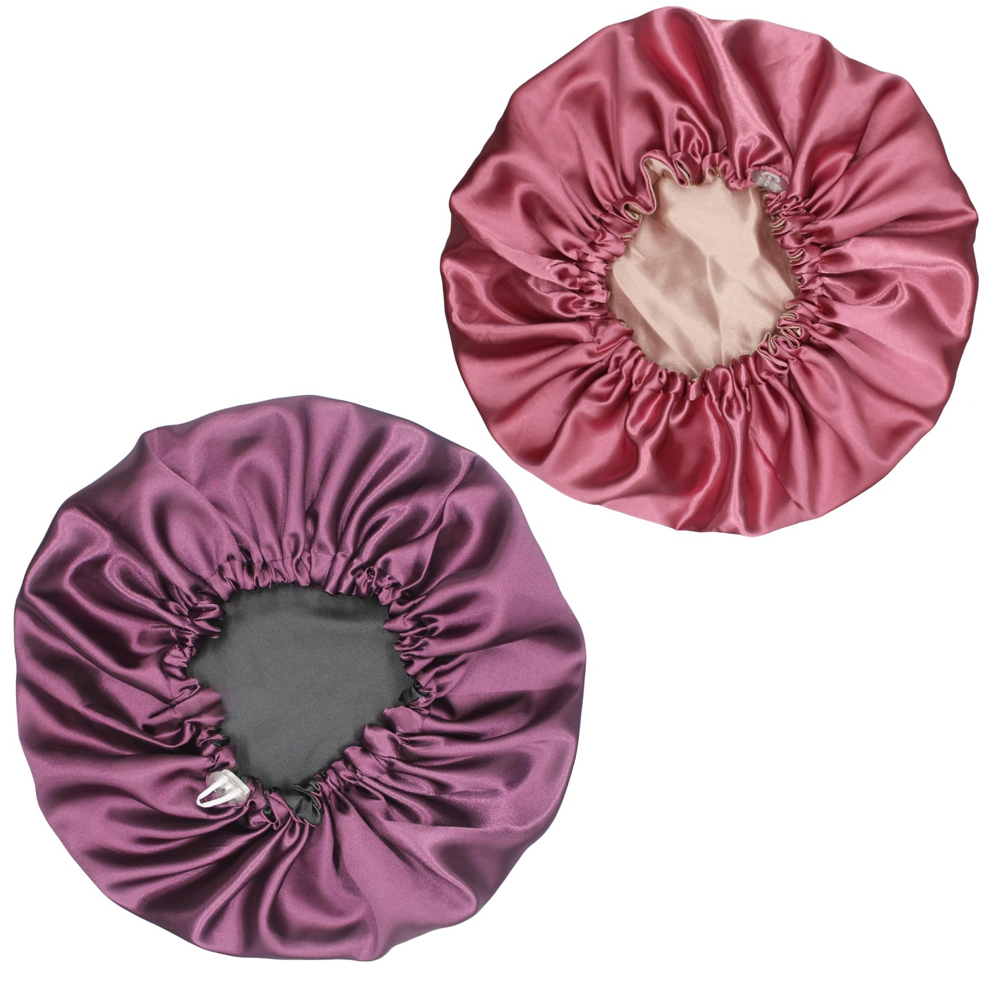 Satin Sleep Cap, Adjustable Satin Cap, Silk Bonnet, Reusable Bath Hair Cap for Night Sleeping Reversible Double Layer 2 Pack (Eggplant + Blush)