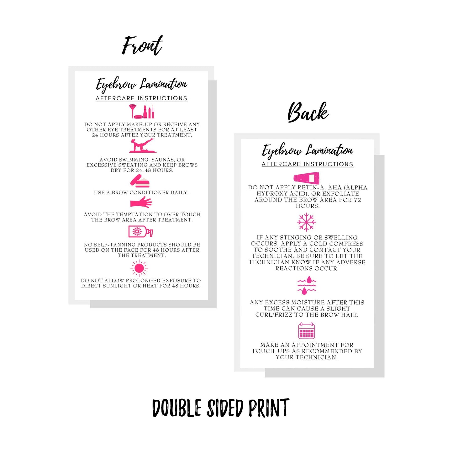 Eyebrow Lamination Aftercare Instruction Cards | Physical Printed 2 x 3.5” inches Business Card Size | Starter Lift Kit with Tint at home diy