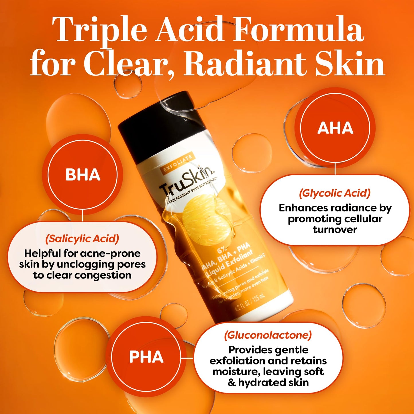 TruSkin BHA Liquid Exfoliant & Toner - PHA AHA BHA Gentle Exfoliator with Salicylic & Glycolic Acid, Vitamin C - Improve Appearance of Tone & Texture