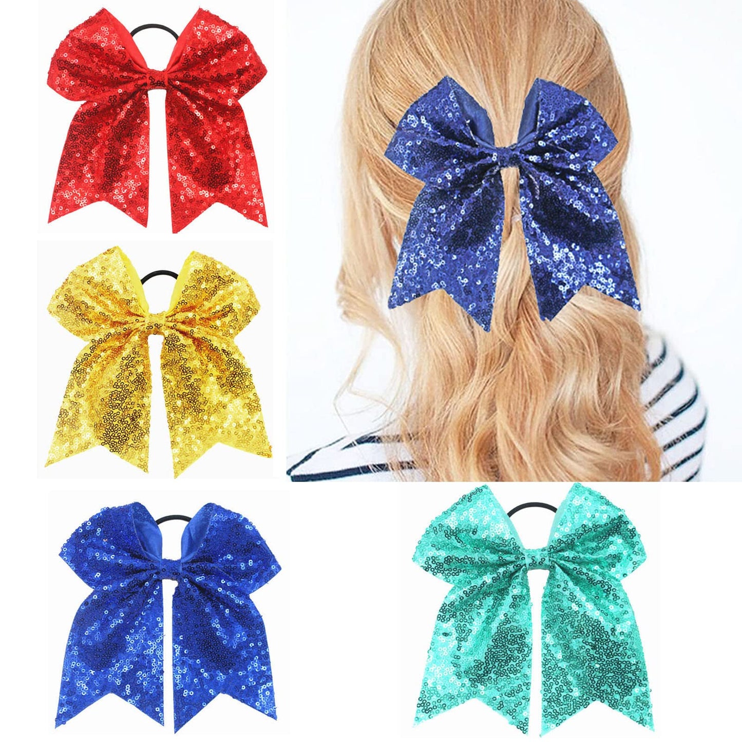 Xansema 6.5 Inches Sequins Hair Bows Elastic Hair Tie Ribbon Large Cheer Bow Ponytail Holder Hair Band for Women Girls Kids Teens (Pink)
