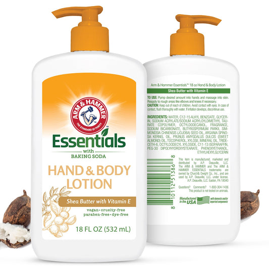 Arm and Hammer Essentials Hand & Body Lotion For Women and Men with Vitamin E 18oz Shea Butter Moisturizing Lotion for Dry Skin, Softness