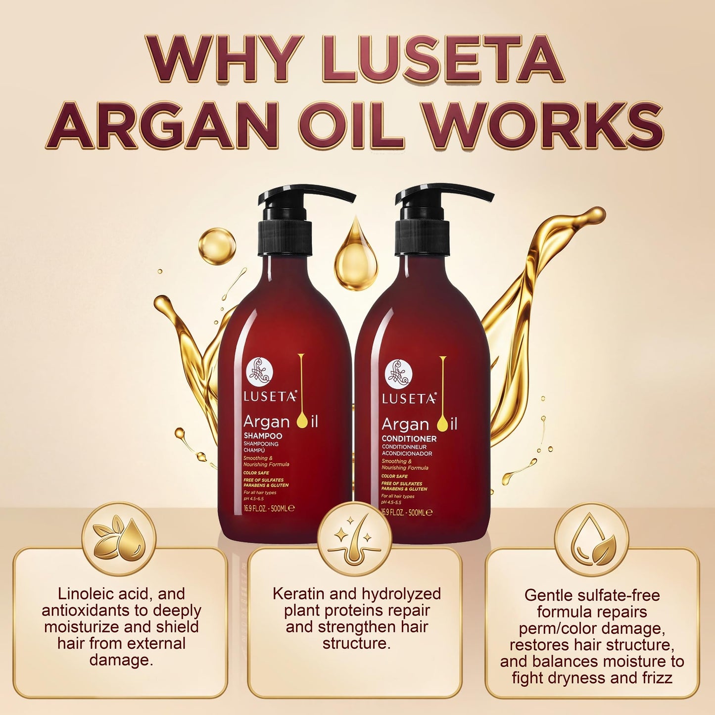 LUSETA Argan Oil Shampoo and Conditioner Set for Dry Damaged Hair - Smoothing & Thickening Treatment for Fine Thin Hair, Anti-Frizz Nourishing Formula