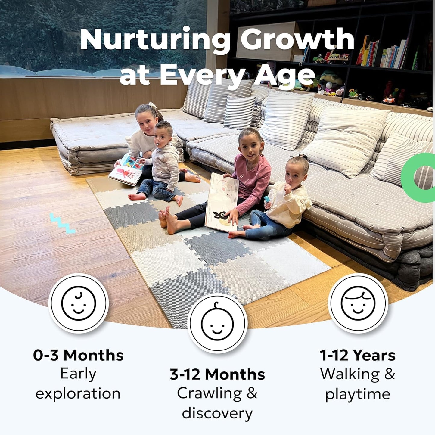 MioTetto Foam Floor Tiles for Kids – Non-Toxic Soft Baby Play Mat, Interlocking Foam Tiles for Crawling & Development, Fits 50x50 Playpen, Ages 6–12M