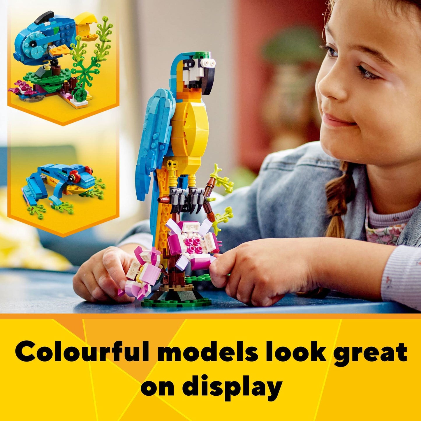 LEGO Creator 3 in 1 Exotic Parrot 31136, Build Colorful Parrot, Fish or Frog, Animal Building Toy Set for Kids Ages 7+, Creative Play Gift
