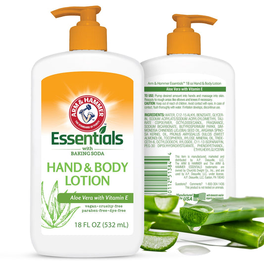 Arm and Hammer Essentials Hand & Body Lotion For Women and Men with Vitamin E 18oz - Aloe Vera Moisturizing Lotion for Dry Skin, Softness