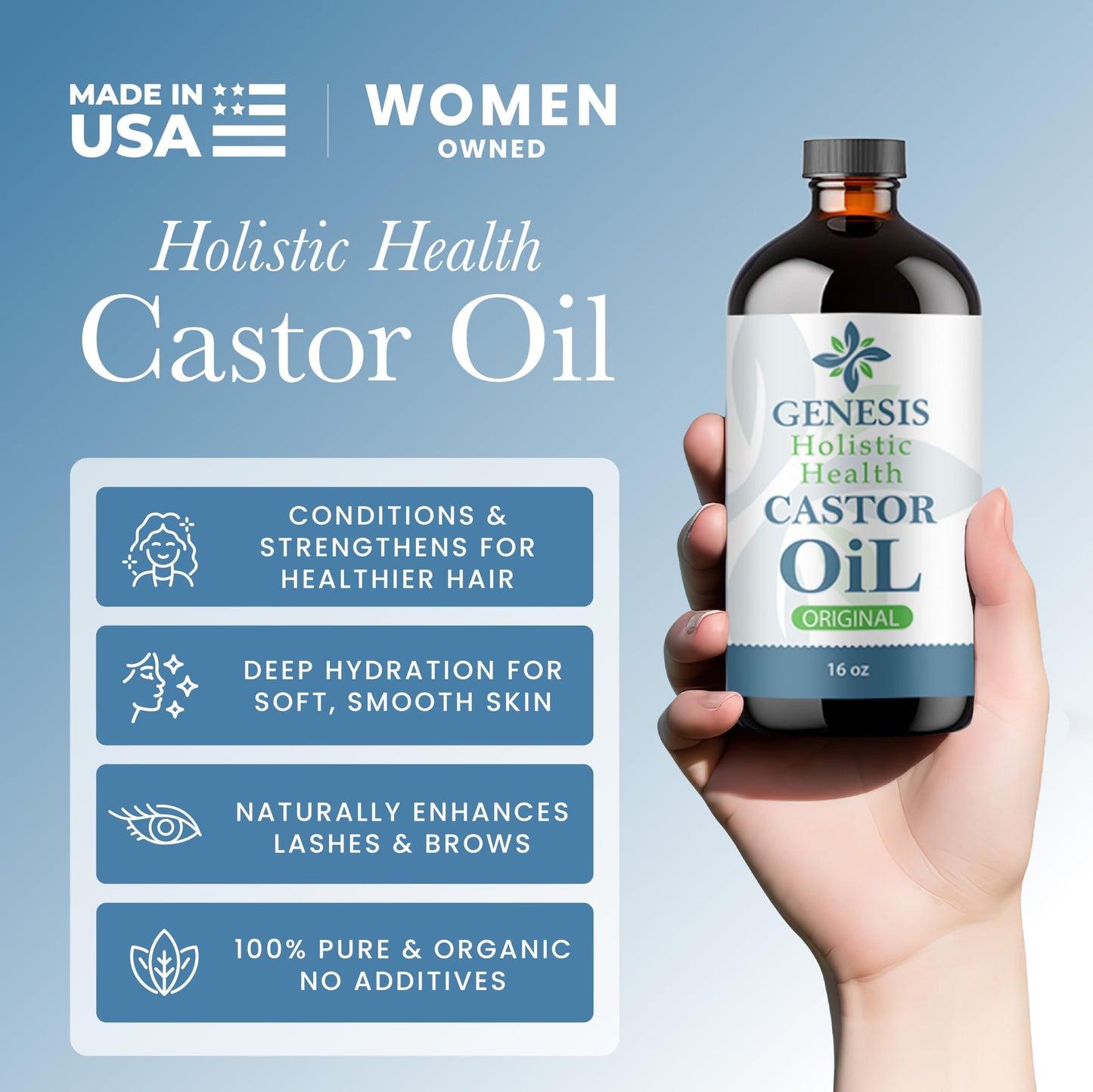 Genesis Holistic Health Organic Castor Oil - 100% Pure, Cold Pressed, Hexane Free - Nourishing Hair & Skin Oil - Eyelash & Eyebrow Growth, Deep