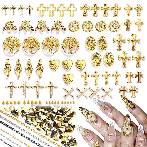 3D Cross Nail Charms,Gold Flat Back Nail Pearls Beads for Crafting,Cute Nail Charms Y2k Rhinestones Jewelry for Nail Art Flower Virgin Mary Religious