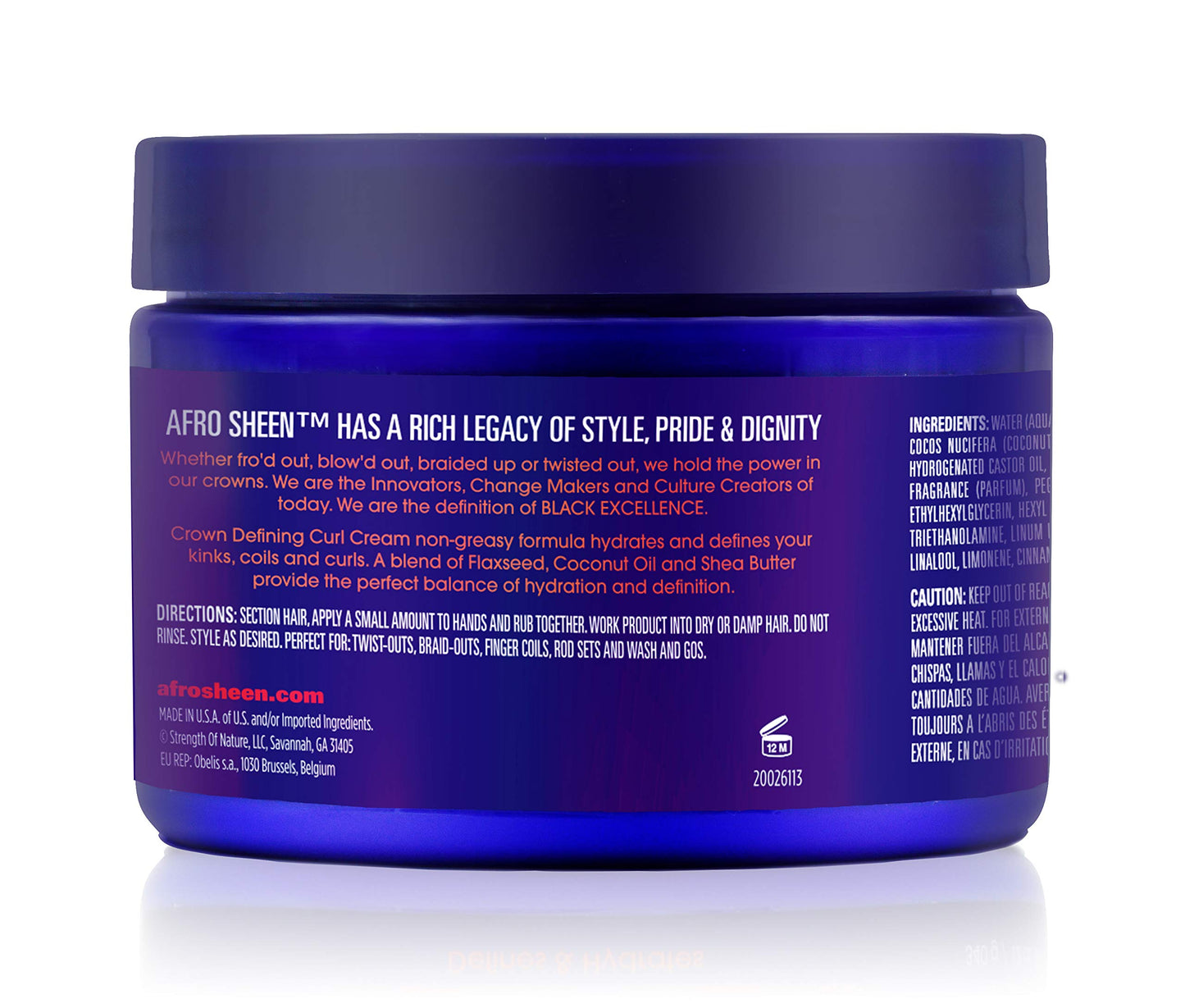 Afro Sheen Crown Defining Curl Cream. Contains Shea Butter and Coconut oil to define and hydrate. 12 Oz.