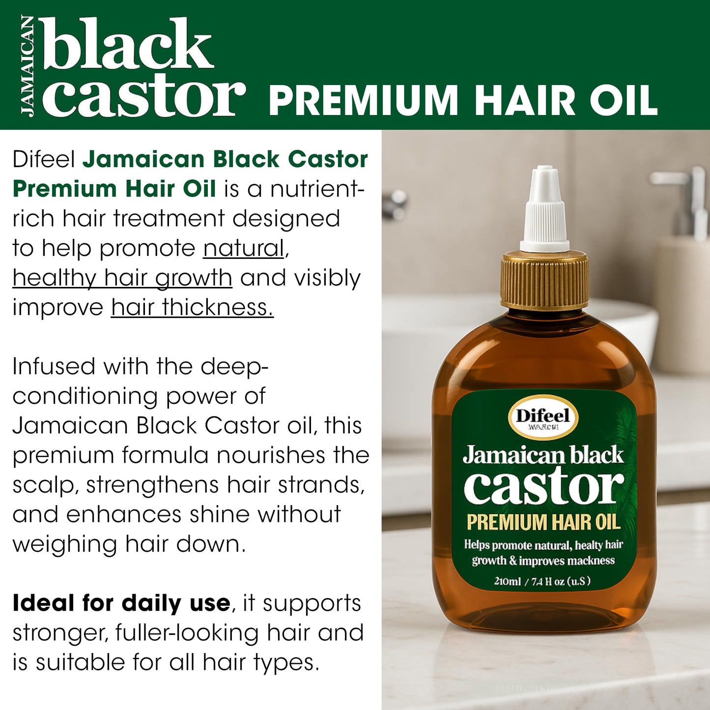 Difeel Jamaican Black Castor Premium Hair Oil 7.1 oz. - Thickening Jamaican Black Castor Oil for Hair Growth