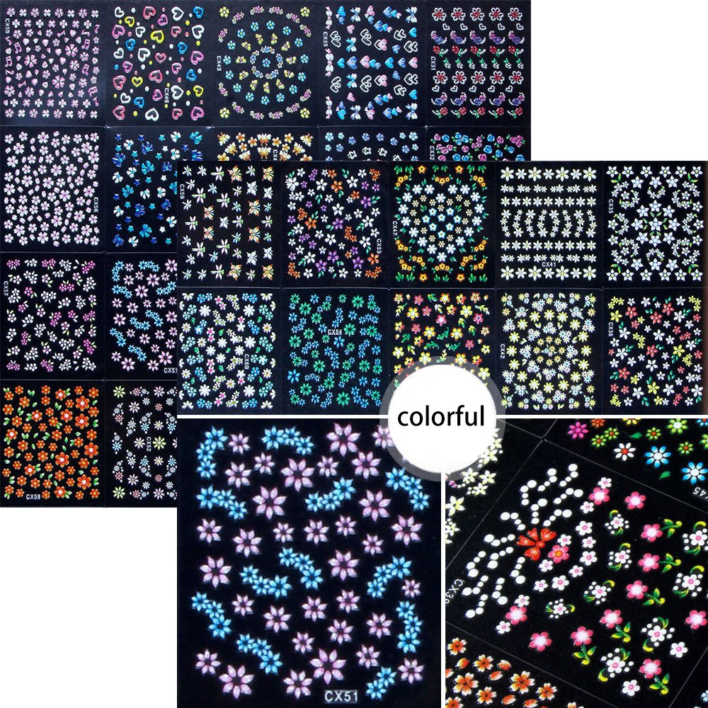 4500 Pieces Flowers Nail Stickers Kit 90 Sheets 3D Mini Nail Art Stickers Black White Colorful Various Patterns Flower Decals Self-Adhesive False