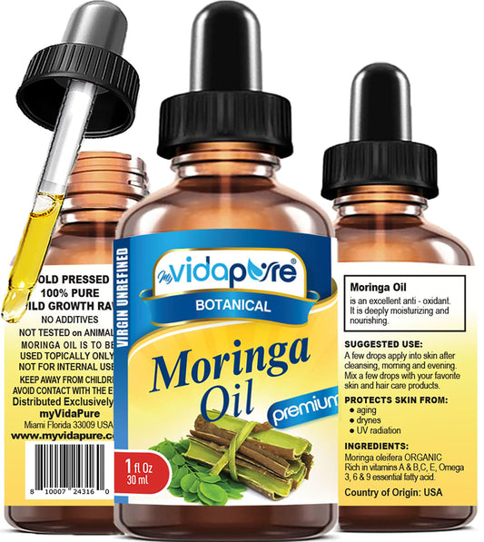 MYVIDAPURE MORINGA OIL Moringa oleifera 100% Pure REFINED UNDILUTED Cold Pressed for Skin, Face, Hair, Lip and Nail Care (1 Fl Oz)