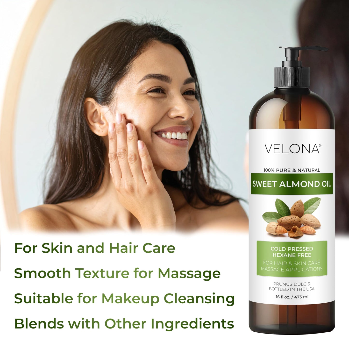 velona Sweet Almond Oil - 64 Fl Oz | 100% Pure and Natural Carrier Oil |Cold Pressed | Skin, Hair, Body & Face Moisturizing | Use Today - Enjoy Beauty and Personal Care velona