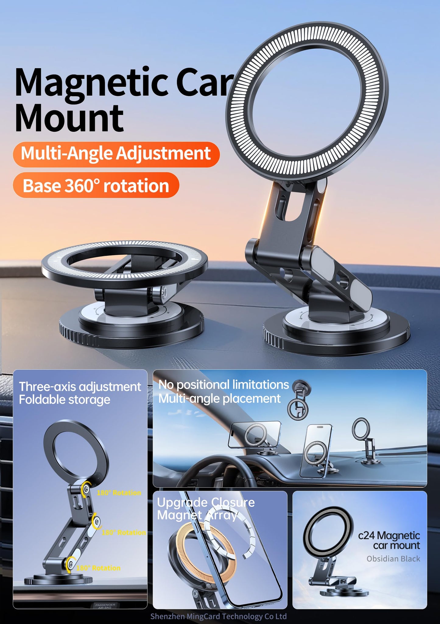 Micool Magnetic Car Phone Holder, Dashboard Mount with 360° Rotation & 720° Foldable Arm, Universal Strong Grip Tablet Stand for All Phones and Pad…