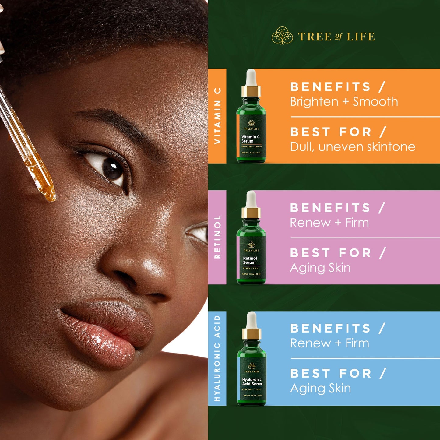 Tree of Life Beauty Facial Skin Care Set, Brightening, Firming, Hydrating, Dry Face, Dermatologist Tested - Trio Power Kit, Vitamin C, Retinol