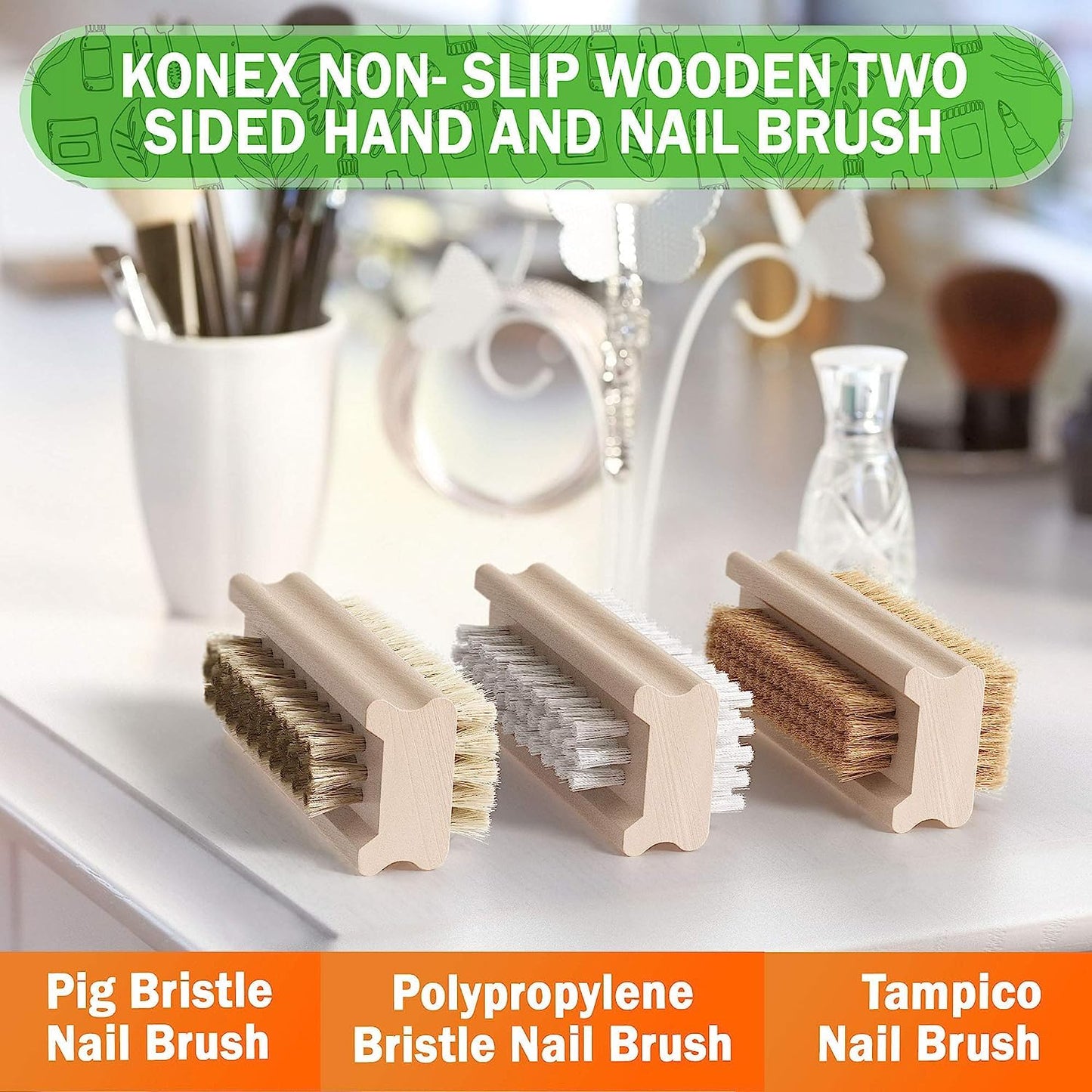 Konex Non-Slip Wooden Two-sided Hand and Nail Brush - Stiff Bristle Fingernail Brushes for Cleaning Under Nails - Heavy Duty Fingernail Brush Beauty and Personal Care KONEX