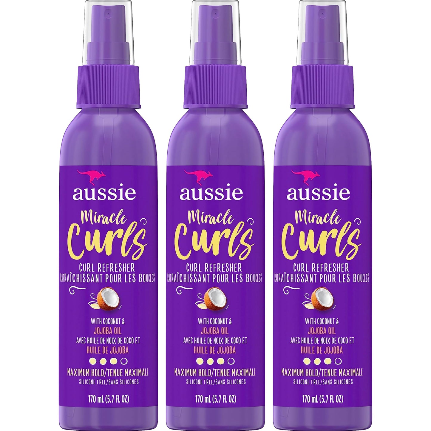Aussie Miracle Curls Refresher Spray Gel With Coconut & Jojoba Oil, 3 Pack, Max Hold, For All Hair Types, Eliminates Frizz, 5.7 oz. Each