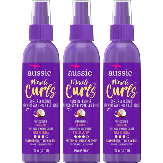 Aussie Miracle Curls Refresher Spray Gel With Coconut & Jojoba Oil, 3 Pack, Max Hold, For All Hair Types, Eliminates Frizz, 5.7 oz. Each