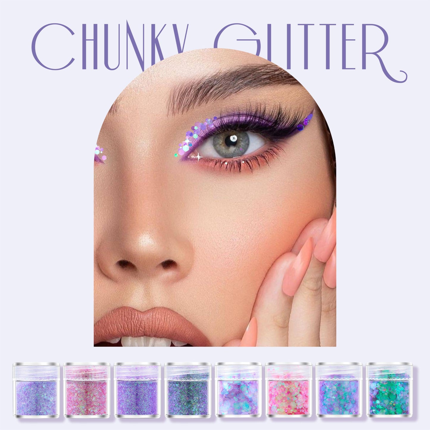 GABOX 8-Jar Mermaid Purple Glitter Set, Holographic Fine Powder & 1mm & 2mm & 3mm Sequins Flakes Set for Cosmetic - Nail - Resin, Iridescent Art