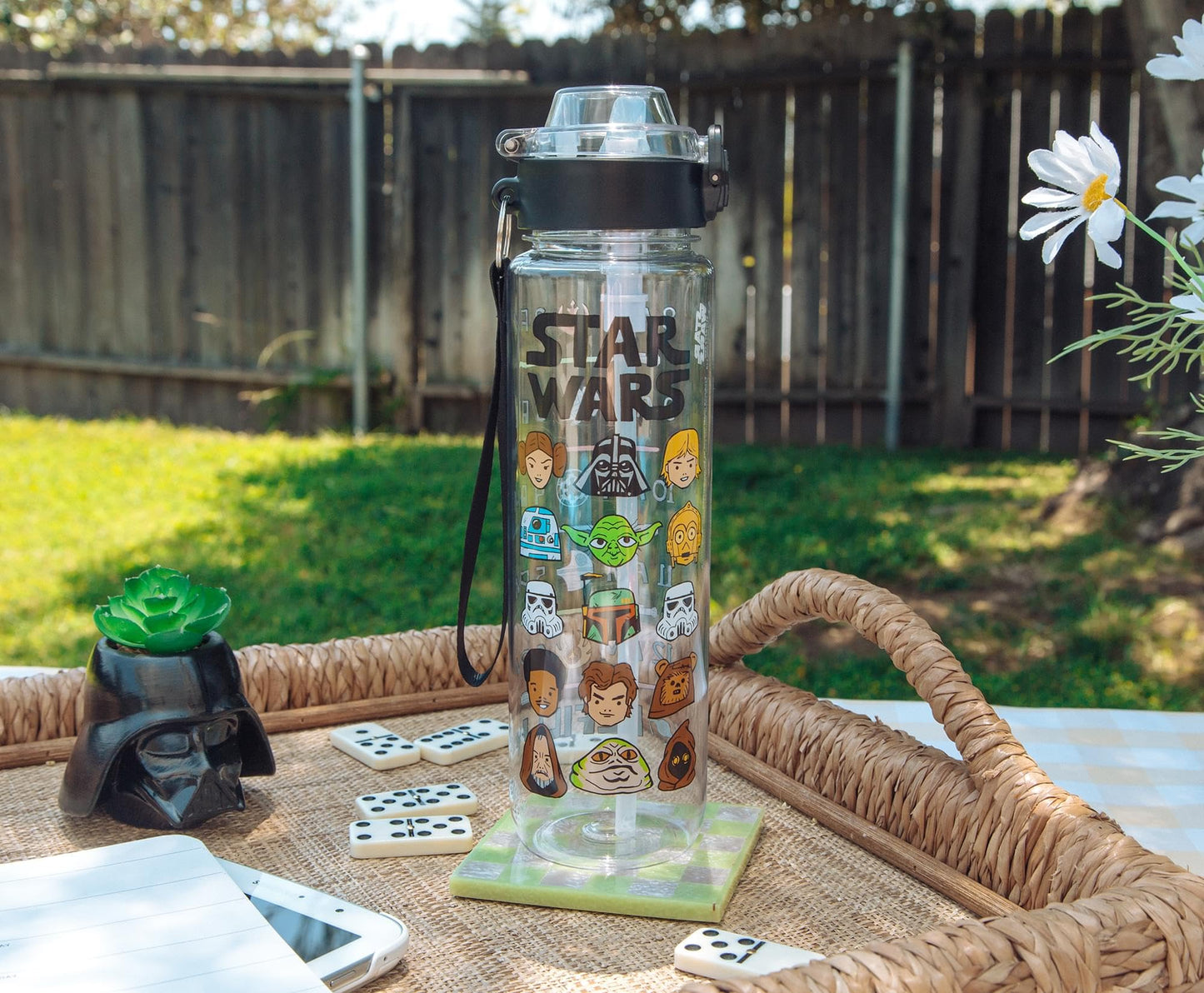 Silver Buffalo Star Wars Cartoon Characters Plastic Water Bottle with Locking Lid and Strap, 33 Ounces