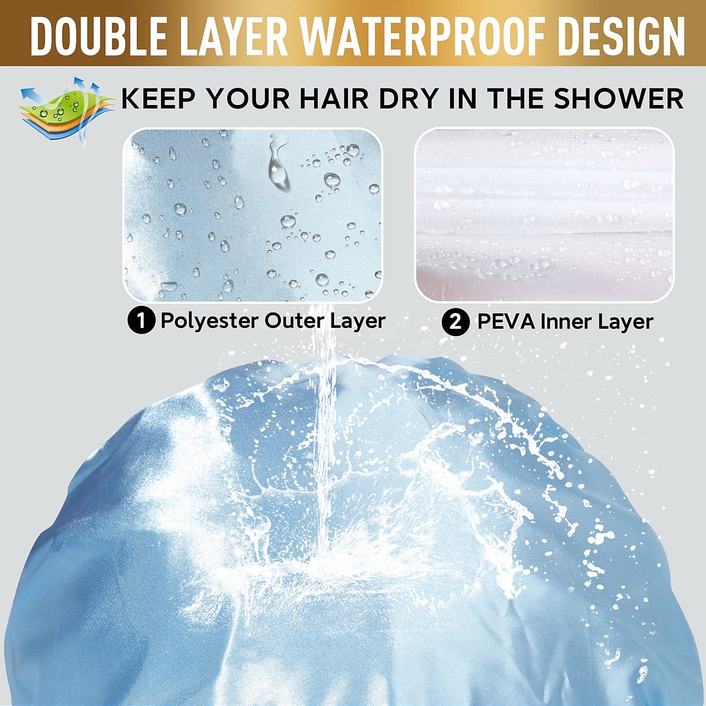 Waterproof Shower Caps, Shower Cap for Women Long Hair, Curly Hair, Short Hair Adjustable Washable Extra Large Bathing Hair Cap for Shower