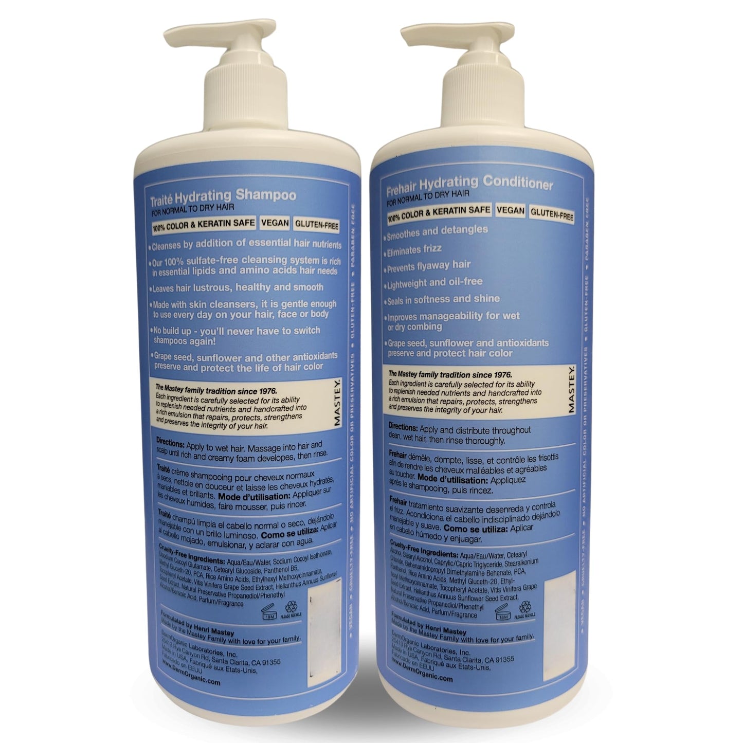 Mastey Paris Classic Professional Hair Care - Traite Shampoo 32 oz + Frehair Conditioner 32 oz Duo Set, Sulfate Free, Lipid & Amino Acid Fortified
