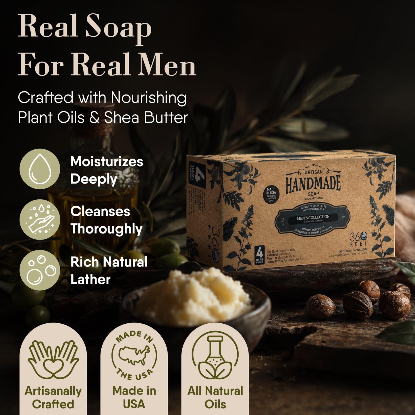 360Feel Mens Bar Soap - Made in the USA - Castile Handmade All Natural Cold Processed - Includes 4 Bold Masculine Scents: Bay Rum, Pine Tar Black Soap