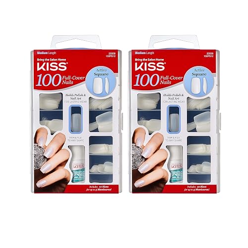 Kiss 100 Full Cover Nails Active Square (Pack of 2) Beauty & Personal Care KISS