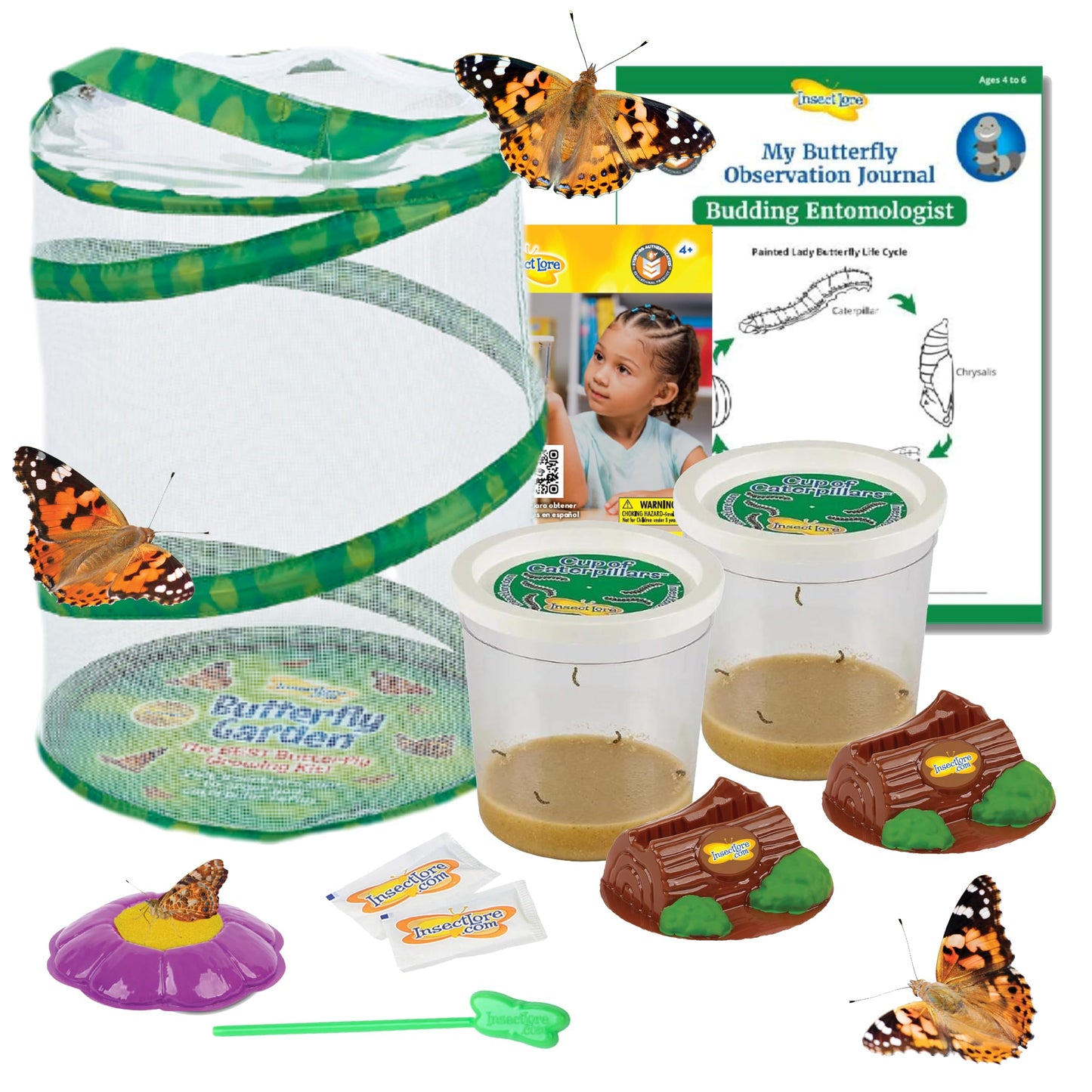 Insect Lore Butterfly Garden – 10 Live Painted Lady Caterpillars with Habitat, Feeder & Chrys-A-Lid Holders, STEM Activity Journal, Raise & Release Butterflies