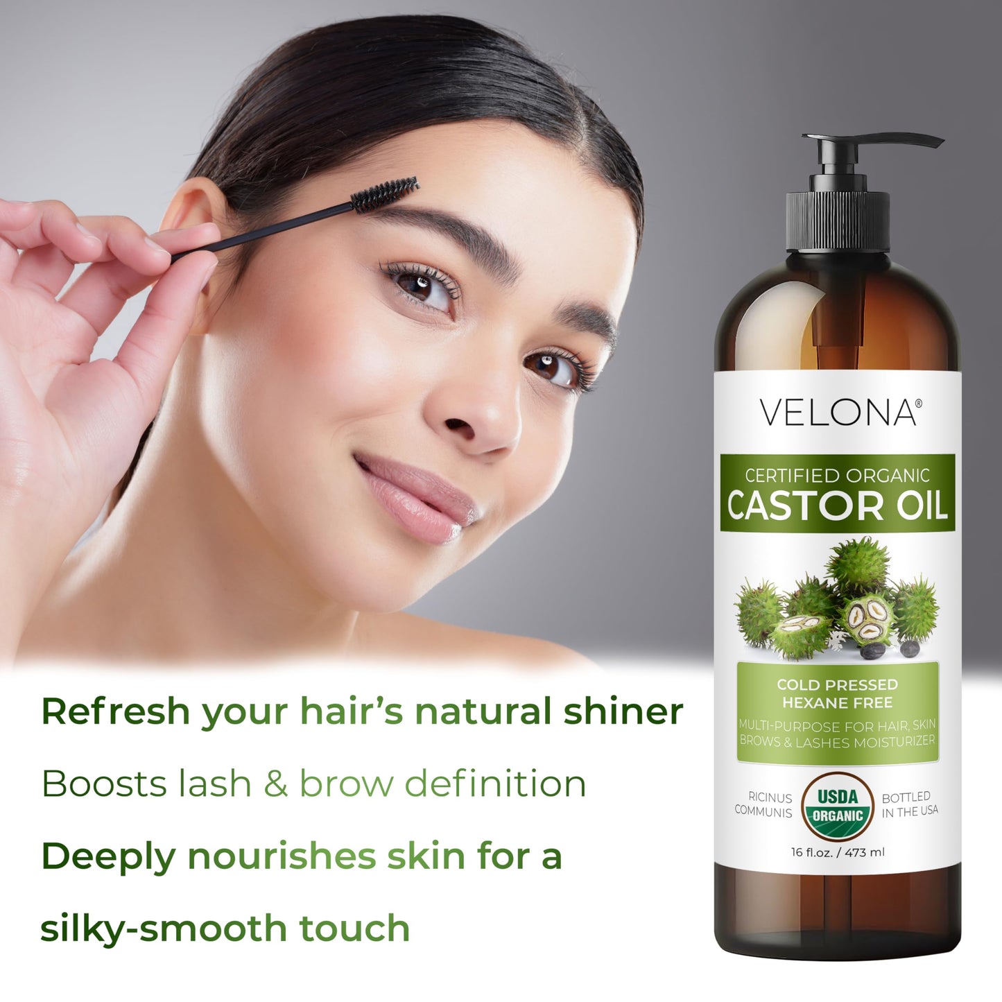 velona USDA Certified Organic Castor Oil - 16 fl oz (With Pump) | For Hair Growth, Boost Eyelashes, Eyebrows | Cold pressed, Natural Oil, USP Grade |