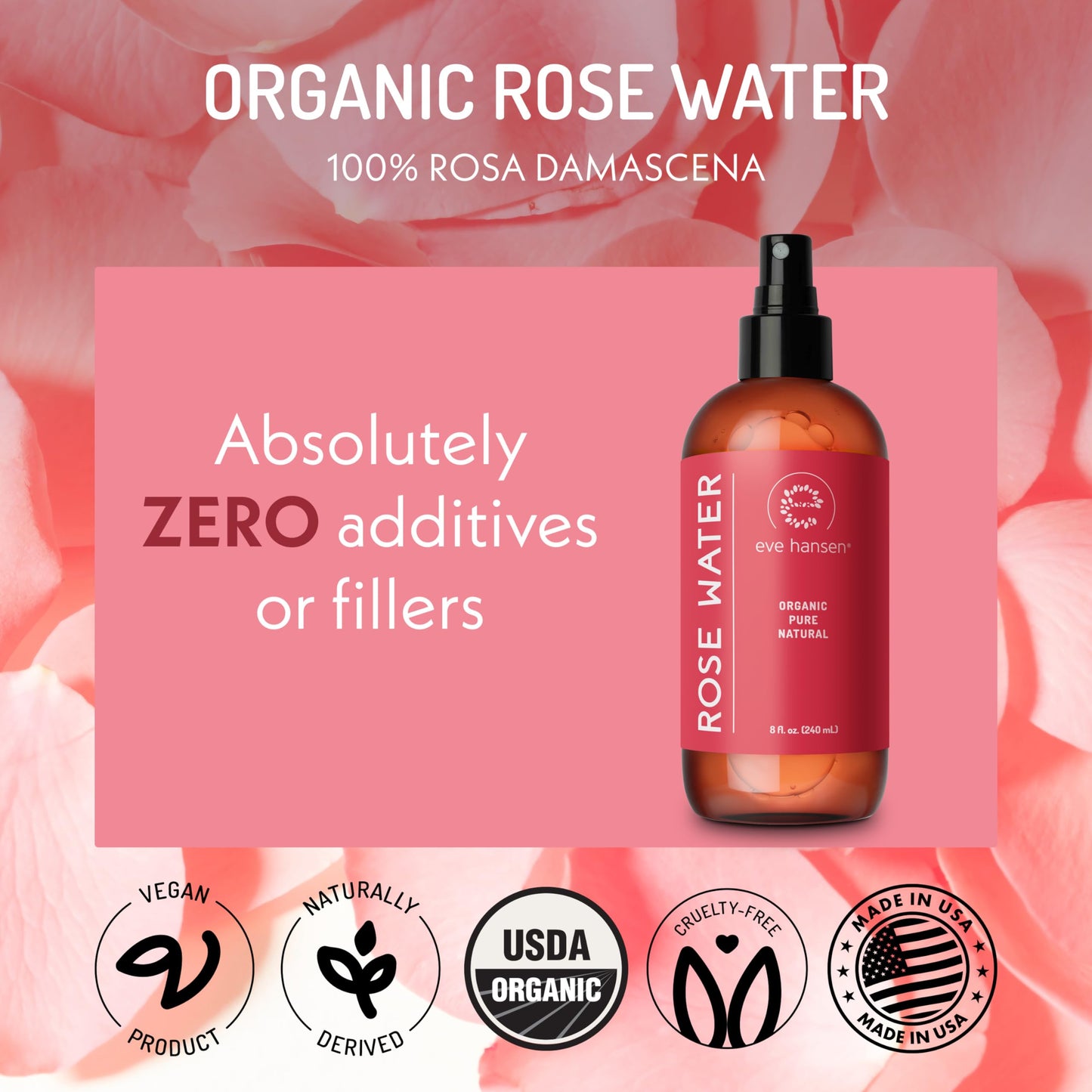 Eve Hansen Organic Rose Water Spray for Face | Huge 8 oz Moroccan Rosewater Face Toner and Makeup Setting Spray | Soothing Neck and Face Mist