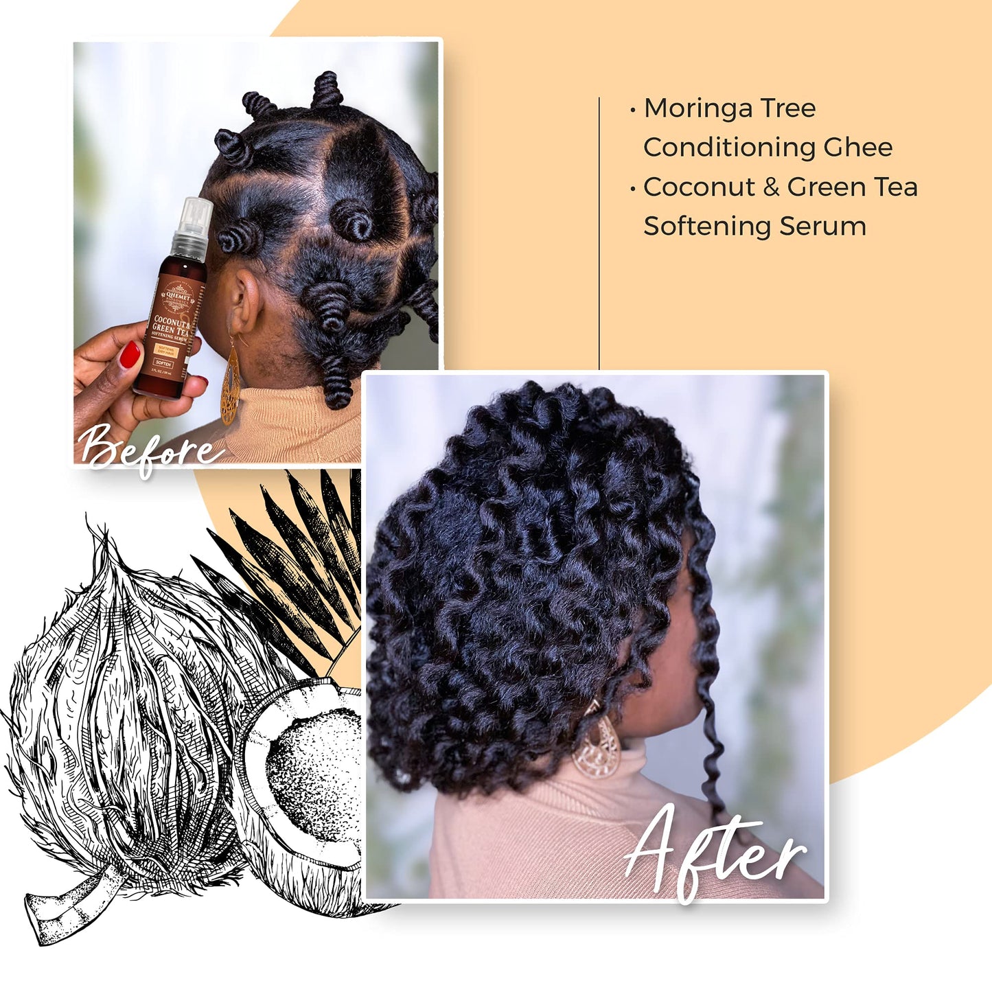 Qhemet Biologics Coconut & Green Tea Softening Serum - Lightweight Hair Serum to Soften, Smooth & Revitalize Dry Hair - Adds Slip and Shine to Thin