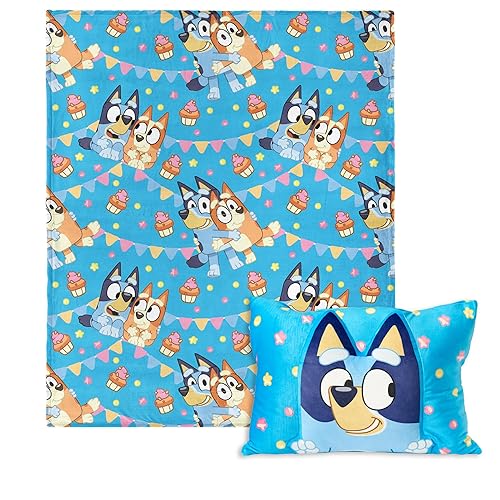 NORTHWEST Bluey Party Pups Silk Touch Throw Blanket 50 x 60 Inches with Bluey Plush Pocket Pillow 14 x 20 Inches - Comfy & Cozy Bluey Blanket &…