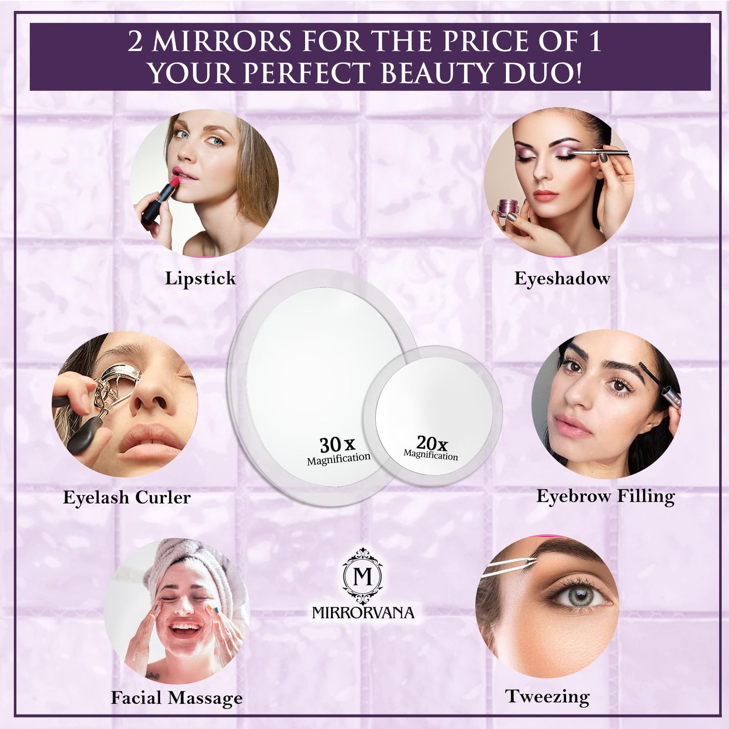 MIRRORVANA Magnifying Mirror Set 30x and 20x - Wall Mounted Makeup Mirror with Suction Cup, Small Magnifying Mirror for Bathroom, 15cm (30 X) and 10cm
