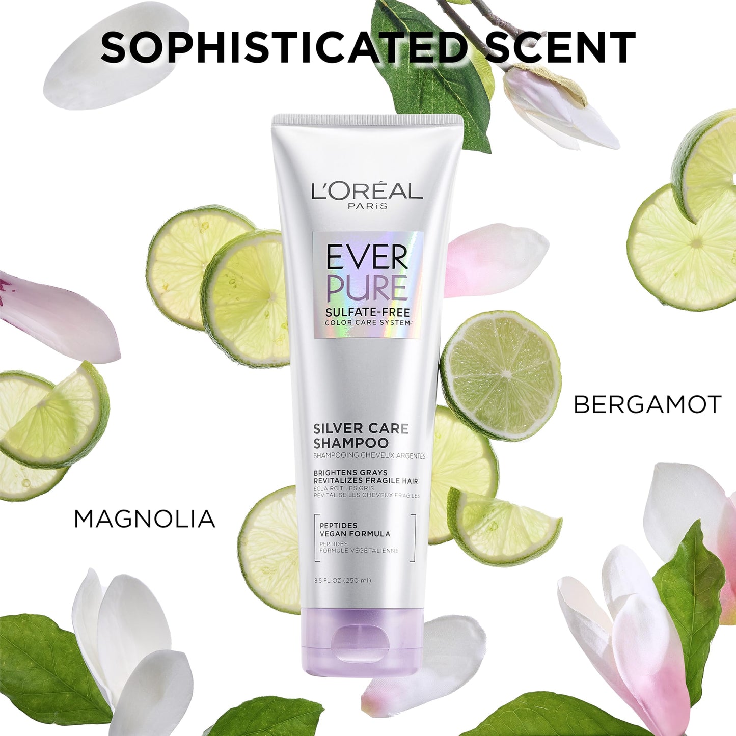 L'Oreal Paris EverPure Brightening and Nourishing Shampoo for Gray Hair, Sulfate-Free Vegan Formula with Peptides, 8.5 Fl Oz