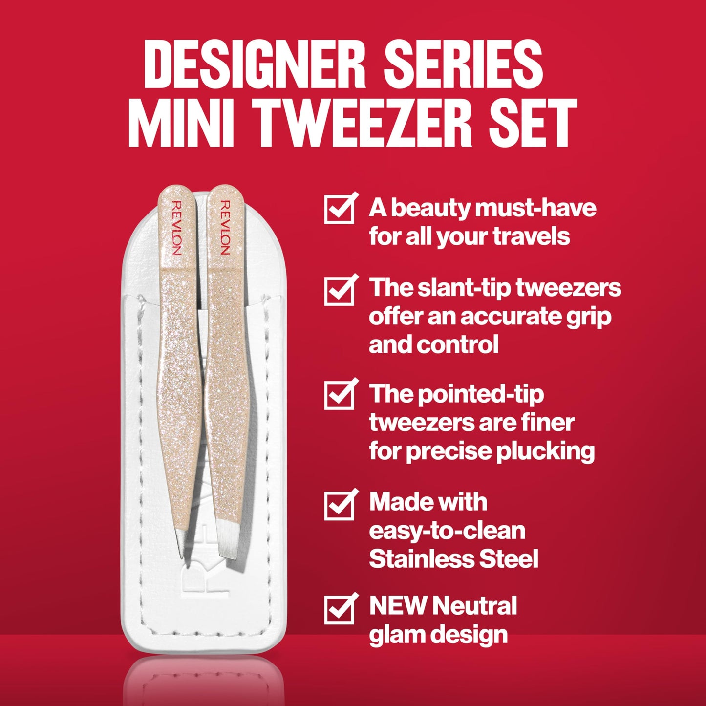 Revlon Designer Series Mini Tweezer Set, Hair Removal Tool Kit with Slant & Point Tips, Portable and Easy to Use, Made with Long Lasting Stainless