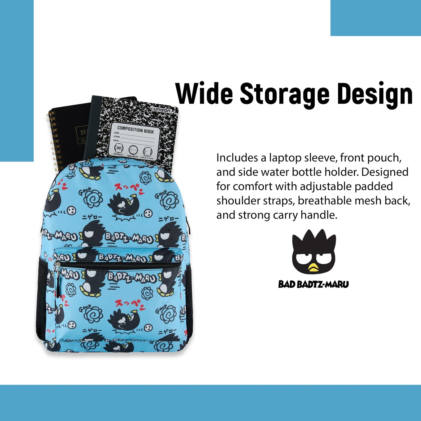Hello Kitty Allover School Backpack - My Melody, Kuromi, Keroppi, Badtz-Maru - Backpack for Boys, Girls, Women - Official Character School Bookbag (Badtz Maru Blue)