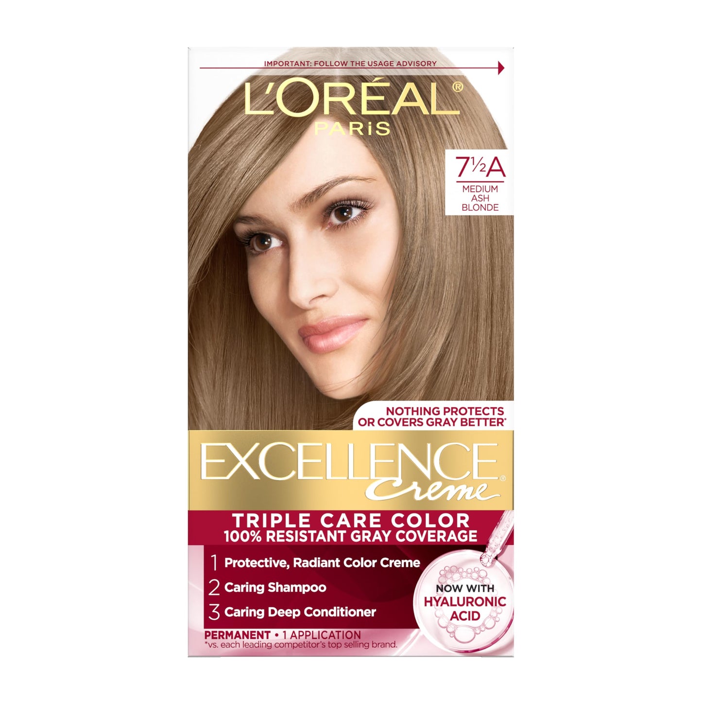 L'Oreal Paris Excellence Crème Permanent Hair Dye, Triple Care Hair Color with Hyaluronic Acid for 100% Gray Coverage, 7.5A Medium Ash Blonde, 1 Kit