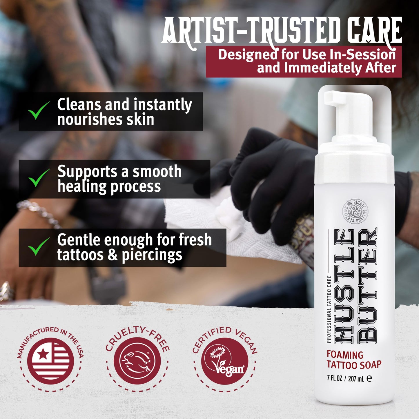 Hustle Bubbles Tattoo Aftercare Tattoo Soap - Dermatologist Tested Cleanser To Clean New Tattoos & Piercings - Essential Body Art Supplies 7oz Beauty and Personal Care Hustle Butter Deluxe